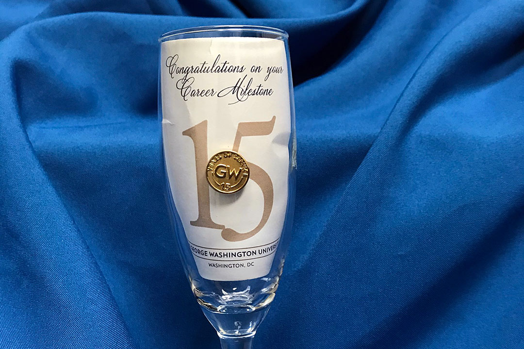 congratulations GW career milestone champagne glass and service pin