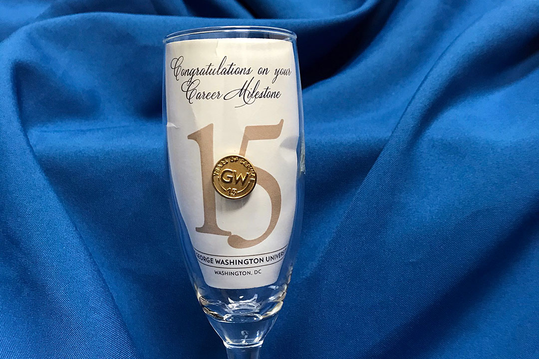 congratulations GW career milestone champagne glass and service pin