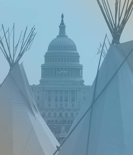 Teepees sit on the National Mall with the U.S. Capitol building in the background