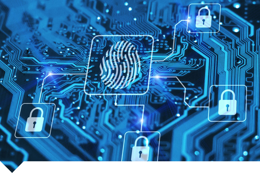 Cyber image with network, thumbprint, padlocks in blue tones