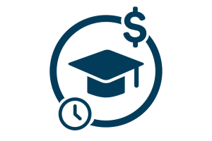 graduation cap in circle with clock and dollar symbol