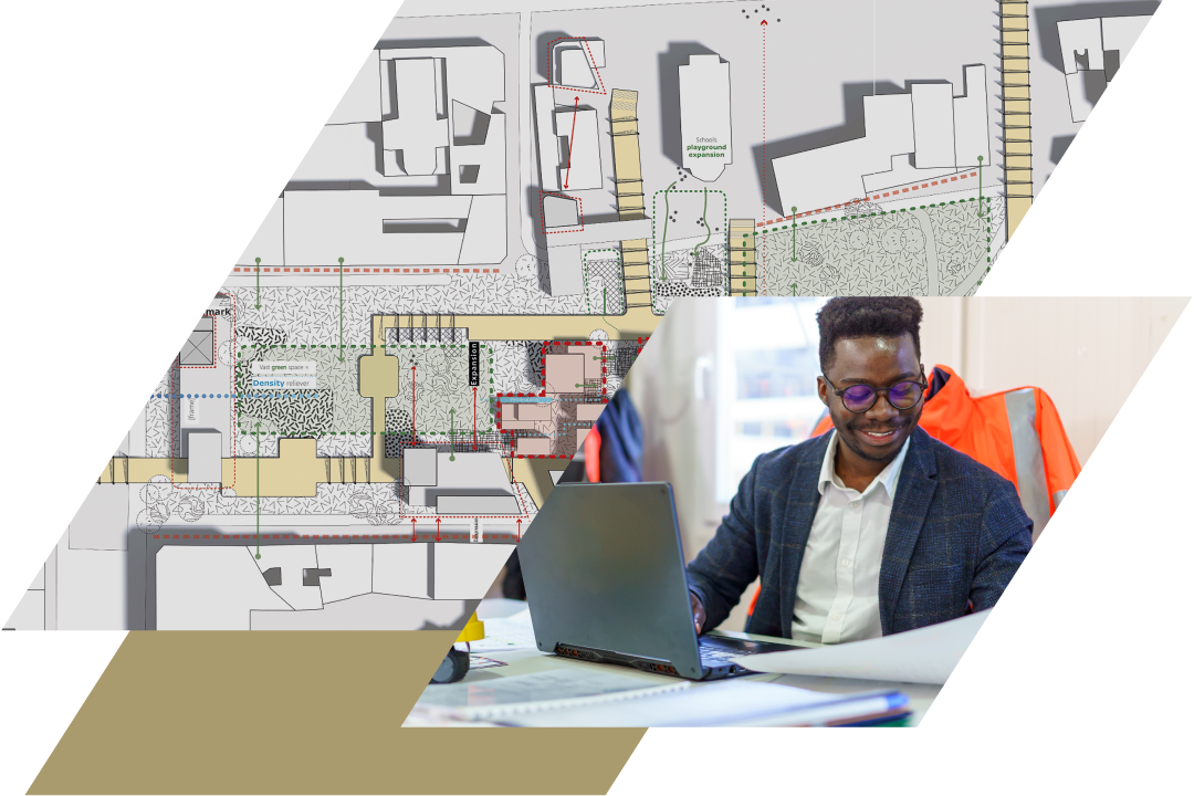 Collage of blueprints and a student on a computer