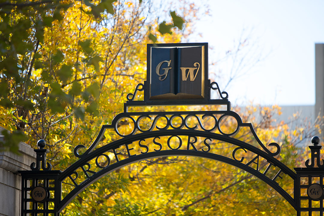 GW Professors Gate with fall leaves and trees