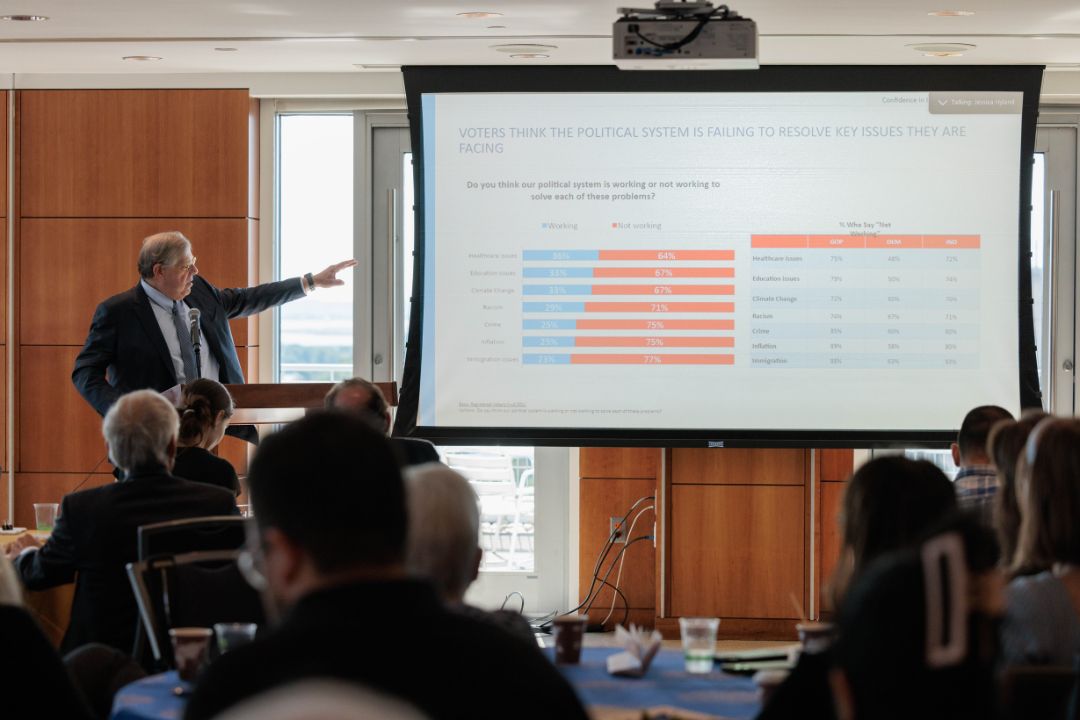 Mark Penn gesticulating to the slideshow on the projector next to him. The slide is titled "Voters think the political system is failing to resolve key issues they are facing."