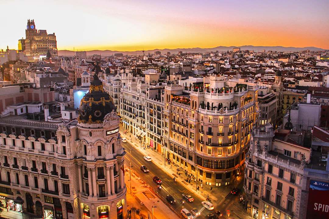 Aerial view of a street in Spain at sunset