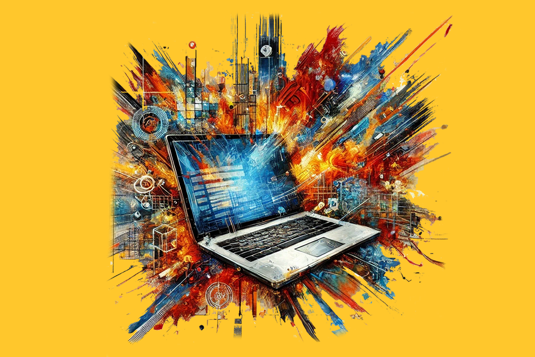 open laptop computer on brightly colored background