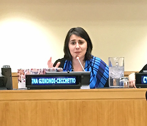 Ina Gjkondi, Director, Executive Education & Leadership Coaching Services, GW-CEPL, speaks at conference at the UN