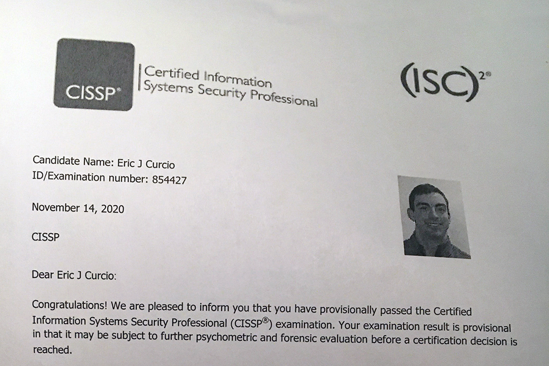 Letter from ISC2 with CISSP exam results for Eric Cursio showing he passed