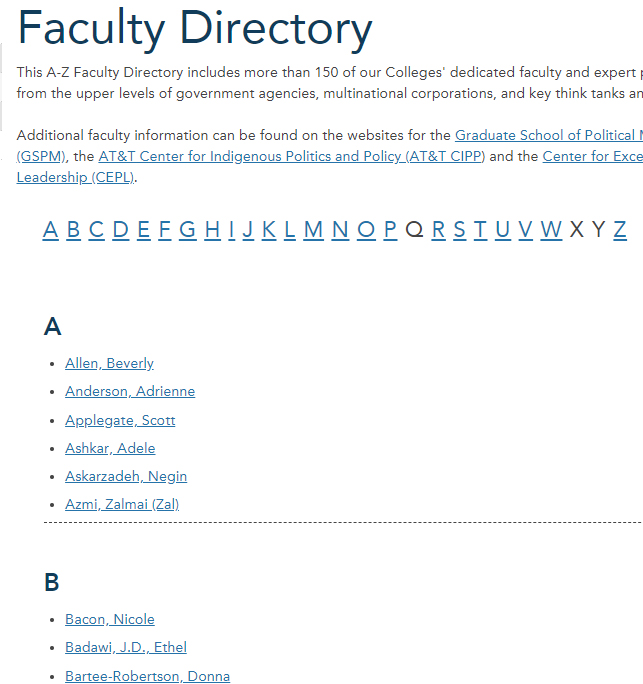 Faculty directory screenshot