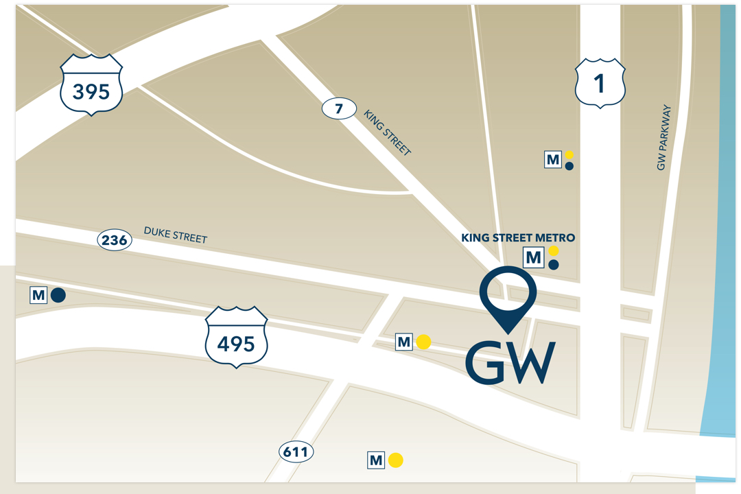 Map of Alexandria campus with metro stops and roadways like 395 & 495