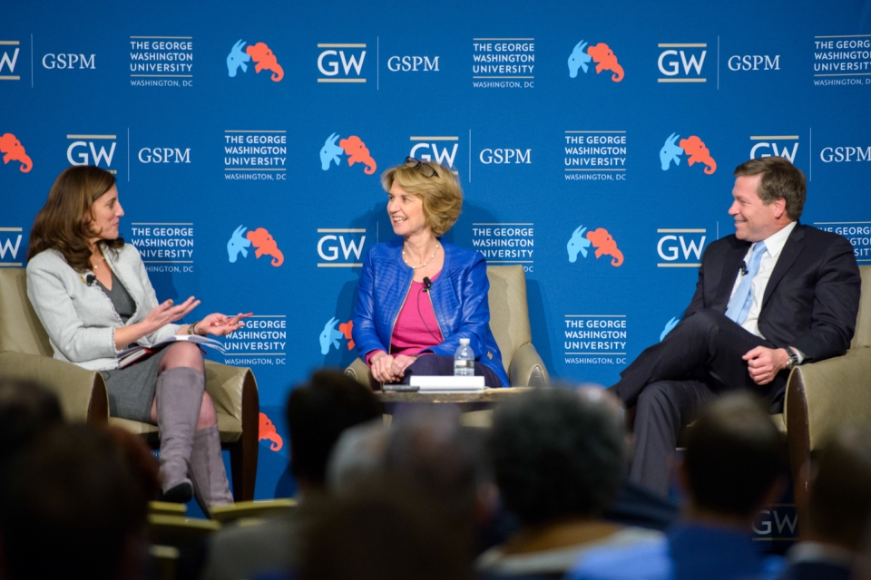 GSPM director Lara Brown talks to 2 panelists at lecture