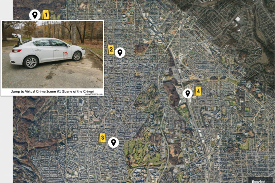 virtual scrime scene simulation with numbers showing evidence locations on a map