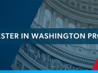 Semester in Washington graphic with blue and red slanted shapes and an image of part of the US Capitol