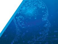 Human silhouette made out of symbols that look like code on a blue background