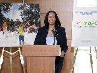 Mayor Muriel Bowser speaks at a podium