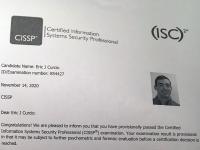 Letter from ISC2 with CISSP exam results for Eric Cursio showing he passed
