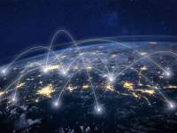 globe image with curved lines ending in lite up points around the world
