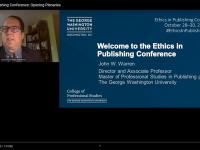 John Warren,digital platform with computer and slide, Welcome to the GW Ethics in Publishing Conference blue