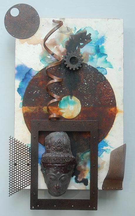 Bodhisattva by Brian Kirk, mixed media, cast glass, rust print, 22 x 14 x 3”