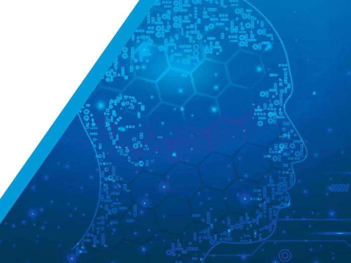 Human silhouette made out of symbols that look like code on a blue background