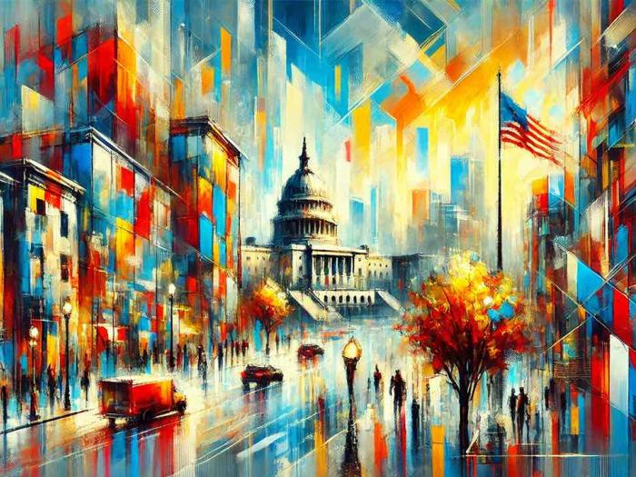 AI image of the Capitol building on a busy city street with the American flag flying next to it