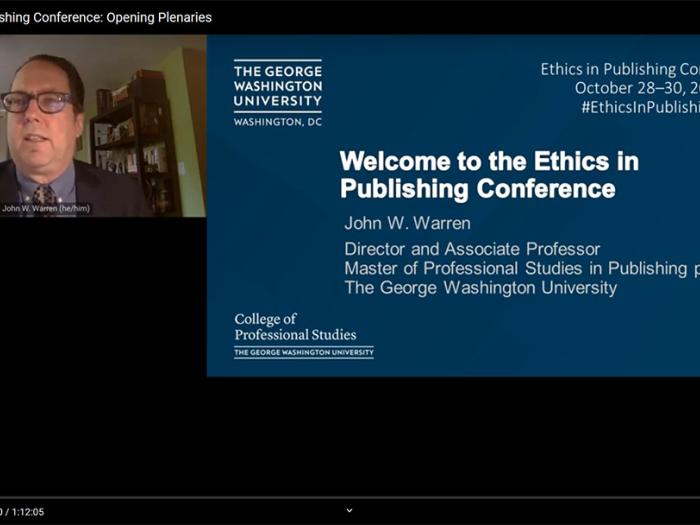John Warren,digital platform with computer and slide, Welcome to the GW Ethics in Publishing Conference blue