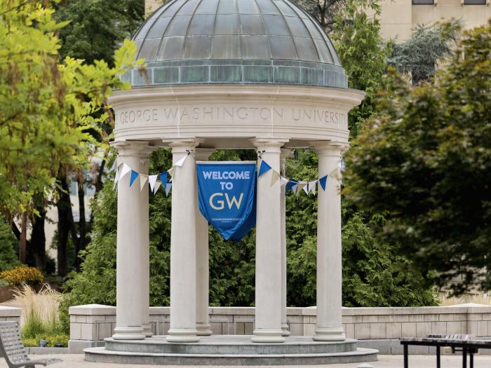 Welcome to GW flag, Kogan Plaza at GW DC campus