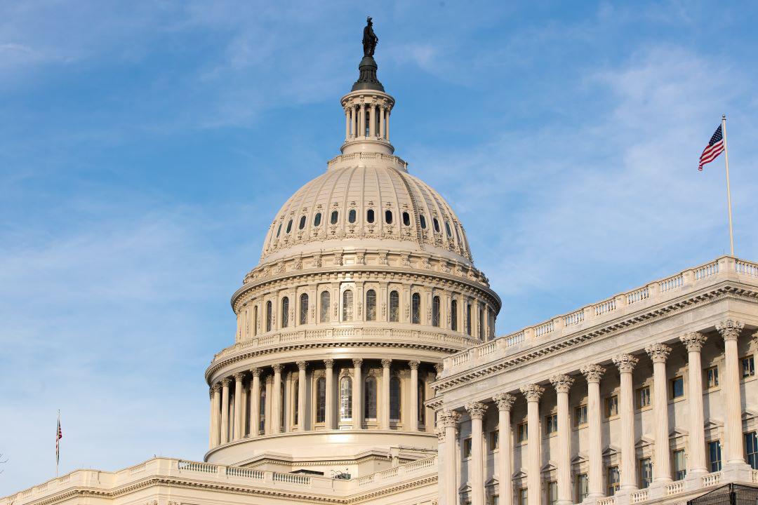 US Capitol with flag and blue sky