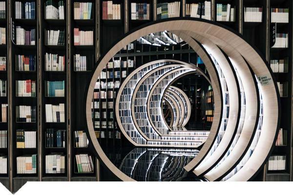 books with unique circular shelving