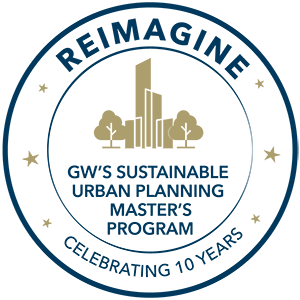 Reimagine GW's Sustainable Urban Planning Master's program, celebrating 10 years, circle logo